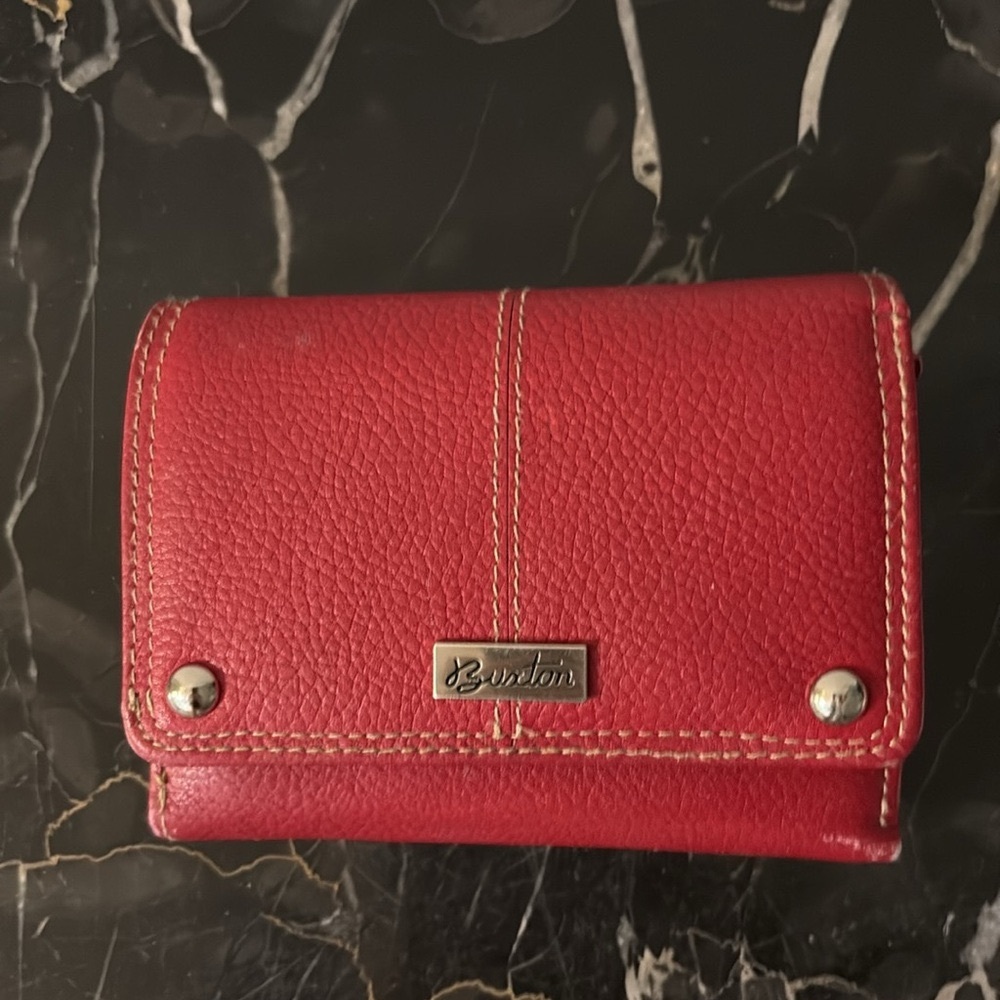 Buxton Red Leather Wallet 18 Slots Textured Finish Metallic Accents
